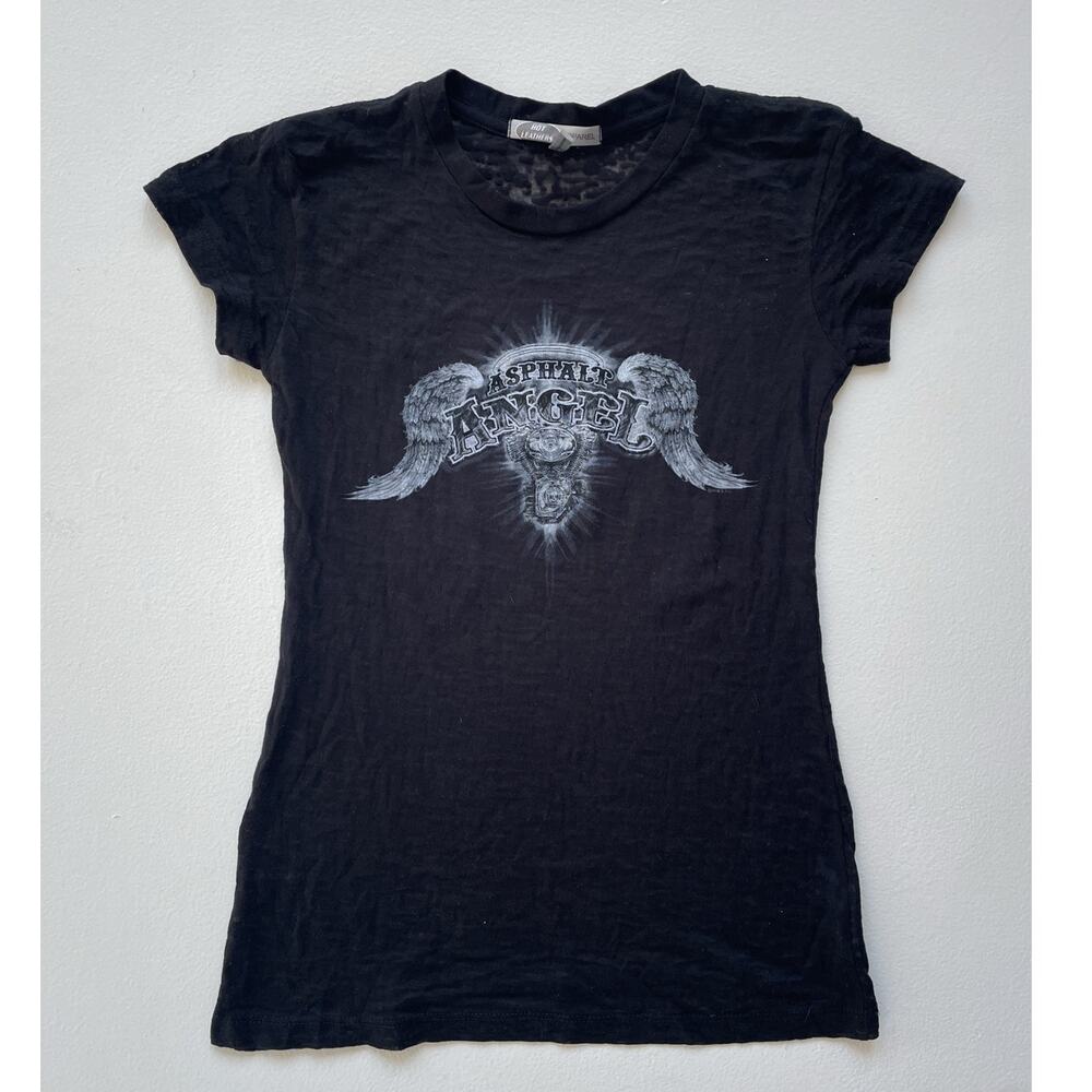 Vtg Y2K Black Asphalt Angel Motorcycle Burnout T-Shirt Sz L / Grunge Baby Tee